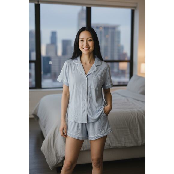 Eberjey Gisele Pajama Set Relaxed Short Women's Large Ice Blue Boyfriend Cut - Picture 1 of 5